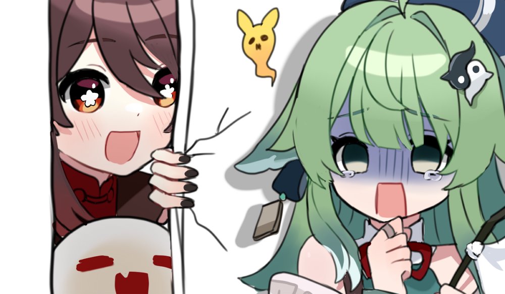 2girls :d animal_ears black_nails boo_tao_(genshin_impact) brown_hair chinese_clothes commentary company_connection crossover droopy_ears earrings english_commentary fox_ears fox_girl genshin_impact ghost gloom_(expression) green_eyes green_hair hair_between_eyes hair_ornament here's_johnny!_(meme) honkai:_star_rail honkai_(series) hu_tao_(genshin_impact) huohuo_(honkai:_star_rail) jewelry long_hair long_sleeves looking_at_another medium_hair meme mihoyo miyako_draw multiple_girls nail_polish orange_eyes peeking_out ring scared sidelocks simple_background smile surprised symbol-shaped_pupils the_shining yin_yang