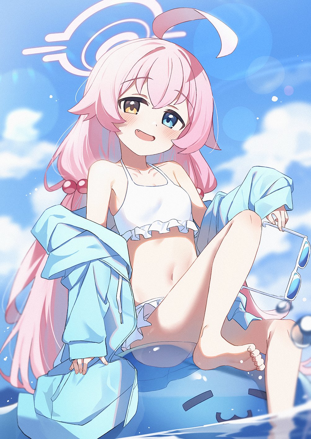 1girl ahoge barefoot bikini blue_archive blue_eyes blue_jacket blush frilled_bikini frills hair_between_eyes hair_bobbles hair_ornament halo heterochromia highres hoshino_(blue_archive) hoshino_(swimsuit)_(blue_archive) inflatable_toy inflatable_whale jacket long_hair long_sleeves low_twintails navel official_alternate_costume open_clothes open_jacket open_mouth pink_hair pink_halo smile solo swimsuit twintails wagashi928 white_bikini yellow_eyes
