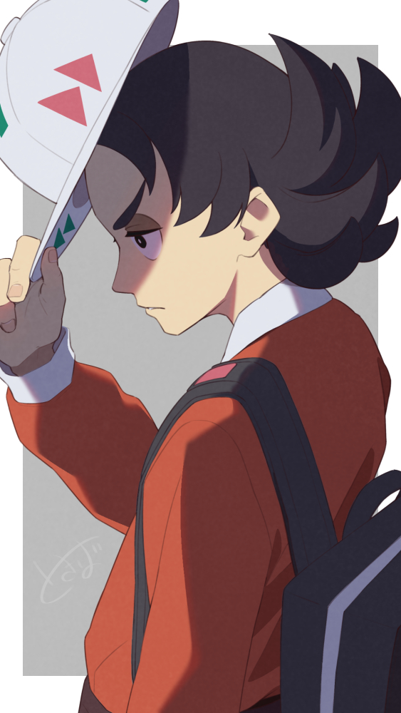 1boy backpack bag black_bag black_eyes black_hair border bright_pupils closed_mouth commentary_request from_side giacomo_(pokemon) grey_background hand_up hat holding holding_clothes holding_hat jacket long_sleeves male_focus outside_border pointy_hair pokemon pokemon_sv solo tokiba_nagamu upper_body white_border white_headwear