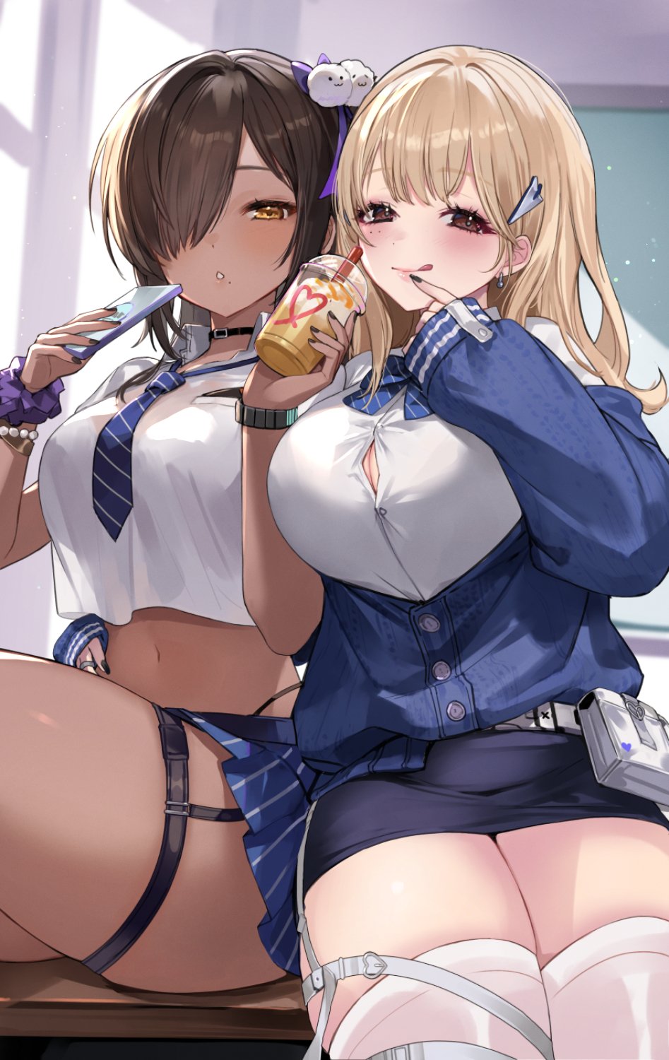 2girls :o :q bead_bracelet beads belt_pouch black_nails blonde_hair blue_bow blue_bowtie blue_jacket blue_necktie blue_skirt blush bow bowtie bracelet breasts brown_eyes brown_hair button_gap cellphone classroom cleavage collared_shirt commentary cropped_shirt dark-skinned_female dark_skin goddess_of_victory:_nikke hair_ornament hair_over_one_eye highres holding holding_phone jacket jewelry large_breasts long_hair looking_at_viewer loose_necktie mole mole_under_eye multiple_girls naga_(nikke) navel necktie nima_(niru54) off_shoulder pencil_skirt phone pleated_skirt pouch puffy_sleeves scrunchie shirt short_sleeves side_ponytail sitting skirt sleeves_past_wrists smartphone smoothie strap striped_necktie thighhighs tia_(nikke) tongue tongue_out white_shirt white_thighhighs wrist_scrunchie
