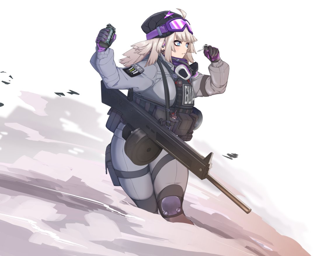 1girl aa-12 aa-12_(girls'_frontline) ahoge alternate_breast_size bags_under_eyes beanie blonde_hair blue_eyes blunt_bangs breasts bulletproof_vest candy commission explosive food gas_mask girls'_frontline goggles goggles_on_head grenade grenade_pin gun hat holding holding_grenade large_breasts lollipop mask military military_uniform samsam_s2s shotgun shoulder_strap smoke smoke_grenade smoke_trail solo tactical_clothes thick_thighs thighs uniform weapon