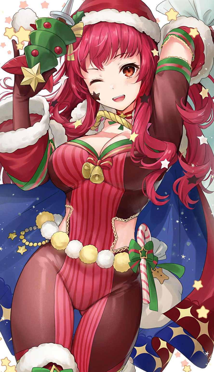 1girl ass_visible_through_thighs blue_cape bodysuit breasts cape cleavage clothing_cutout detached_collar fire_emblem fire_emblem_engage fire_emblem_heroes fur-trimmed_headwear fur-trimmed_sleeves fur_trim hair_ornament haru_(nakajou-28) hat headband highres holding holding_sack large_breasts long_hair looking_at_viewer official_alternate_costume one_eye_closed open_mouth red_bodysuit red_cape red_eyes red_hair red_headband sack santa_costume santa_hat smile solo star_(symbol) star_hair_ornament teeth two-tone_cape upper_teeth_only wavy_hair yunaka_(fire_emblem) yunaka_(fire_emblem)_(spirited_envoy)