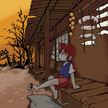 13th_coffin 1girl abandoned autumn autumn_leaves building dithering geta jaggy_lines low_ponytail lowres oekaki original porch profile radish red_hair red_skirt severed_arm severed_limb shoe_dangle sidelocks sitting skirt sliding_doors solo torii tree