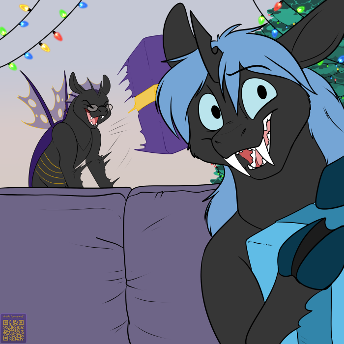 1:1 ambiguous_gender arthropod black_body blue_eyes blue_hair changeling christmas christmas_lights christmas_tree duo eyes_closed fangs feral foxenawolf friendship_is_magic furniture hair hasbro holidays hooves horn my_little_pony open_mouth plant sofa teeth throwing_object tree unicorn_horn zoljen