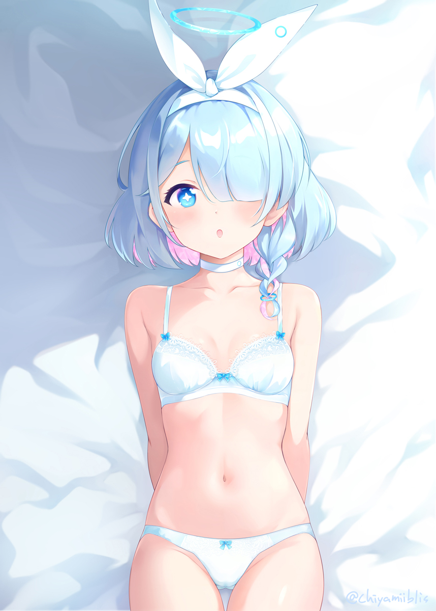 1girl arona_(blue_archive) bare_shoulders blue_archive blue_eyes blue_hair blush bow_hairband bra braid breasts chiyami choker collarbone colored_inner_hair hair_over_one_eye hairband halo highres light_blue_hair looking_at_viewer multicolored_hair navel open_mouth panties pink_hair short_hair side_braid small_breasts solo underwear white_bra white_hairband white_panties