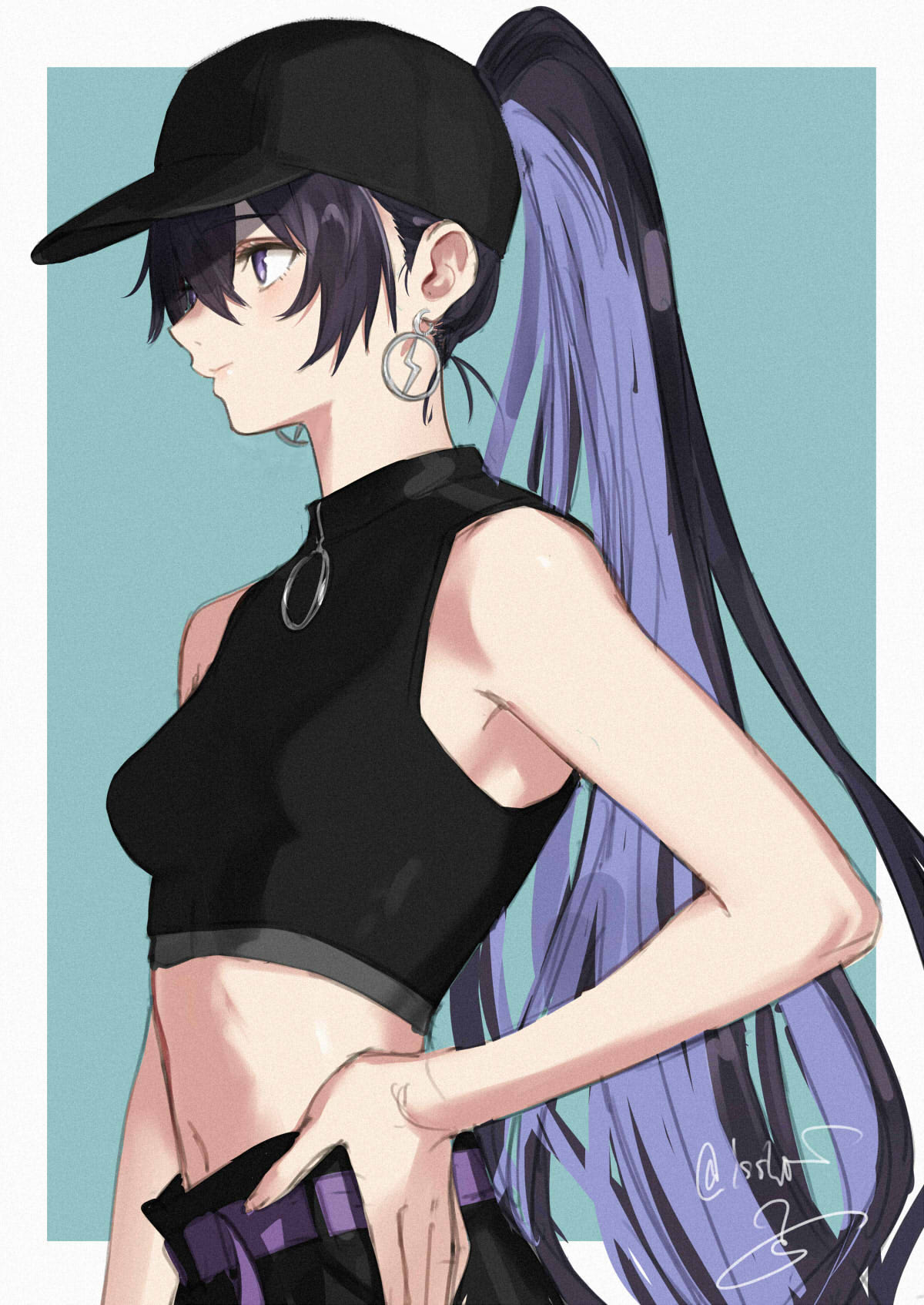 1girl aqua_background baseball_cap belt black_headwear character_request copyright_request crop_top earrings hair_between_eyes hand_on_own_hip hat highres isshiki_(ffmania7) jewelry long_hair looking_to_the_side multicolored_hair ponytail purple_belt purple_eyes purple_hair simple_background sleeveless two-tone_hair