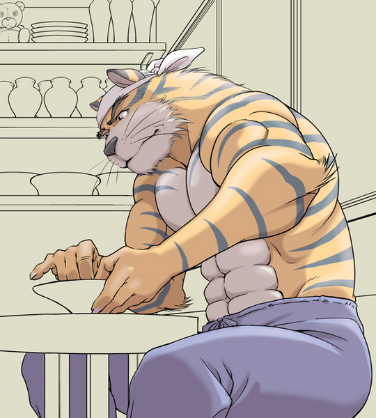 anthro bandanna beastmen_forest biceps big_muscles claws clothing feline fur kemono male mammal muscles neyukidou pants pecs pottery solo teddy_bear tiger topless whiskers