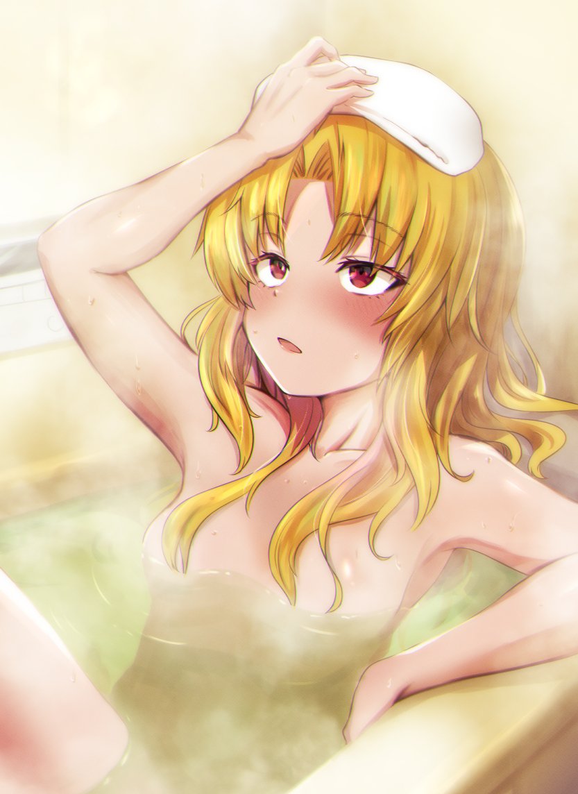 1girl akatsuki_uni ankoku_kishi_m arm_rest arm_up armpit_crease bath bathing bathtub blonde_hair blush breasts collarbone completely_nude convenient_censoring holding holding_towel leaning_back long_hair looking_up nude parted_bangs parted_lips partially_submerged red_eyes shiny_skin small_breasts solo steam sweat towel towel_on_head uni_create virtual_youtuber white_towel