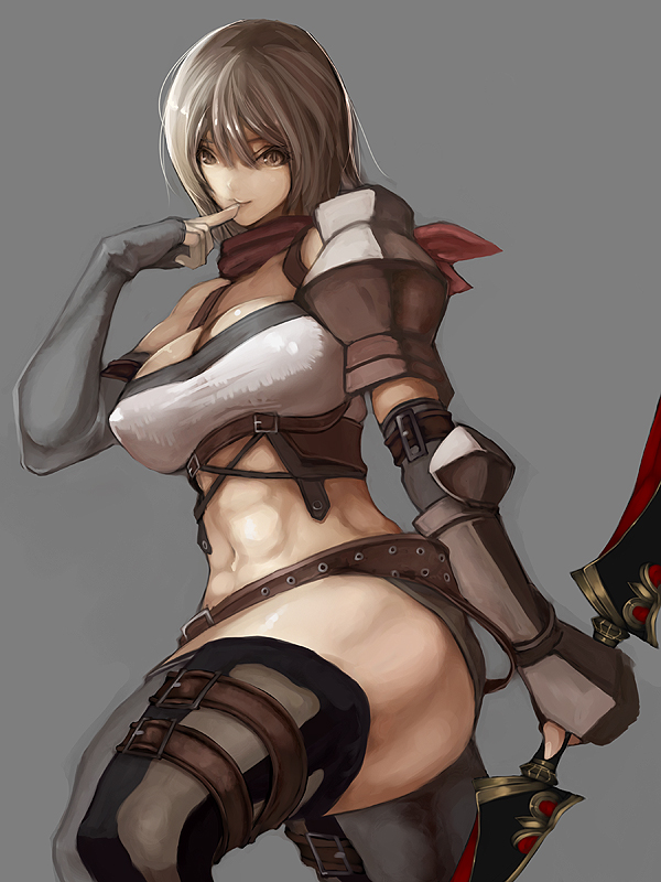 armor asanuma bad_id bad_pixiv_id blade blonde_hair breasts brown_eyes fantasy_earth_zero fingerless_gloves gloves large_breasts long_hair midriff navel simple_background solo thighhighs