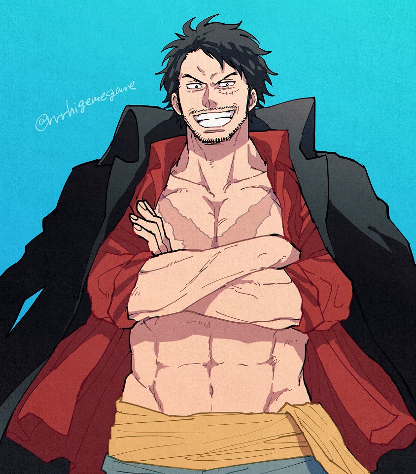 1boy abs aged_up alternate_facial_hair bara bare_pectorals beard_stubble black_coat black_eyes black_hair blue_background coat coat_on_shoulders collared_shirt cowboy_shot crossed_arms facial_hair long_sleeves looking_at_viewer male_focus mature_male monkey_d._luffy muscular muscular_male mustache_stubble navel one_piece open_clothes open_coat open_shirt pectorals red_shirt rrrhigemegane sash scar scar_on_cheek scar_on_chest scar_on_face shirt short_hair simple_background sleeves_rolled_up smile solo straight-on strongman_waist stubble teeth toned toned_male v-shaped_eyebrows wavy_hair yellow_sash