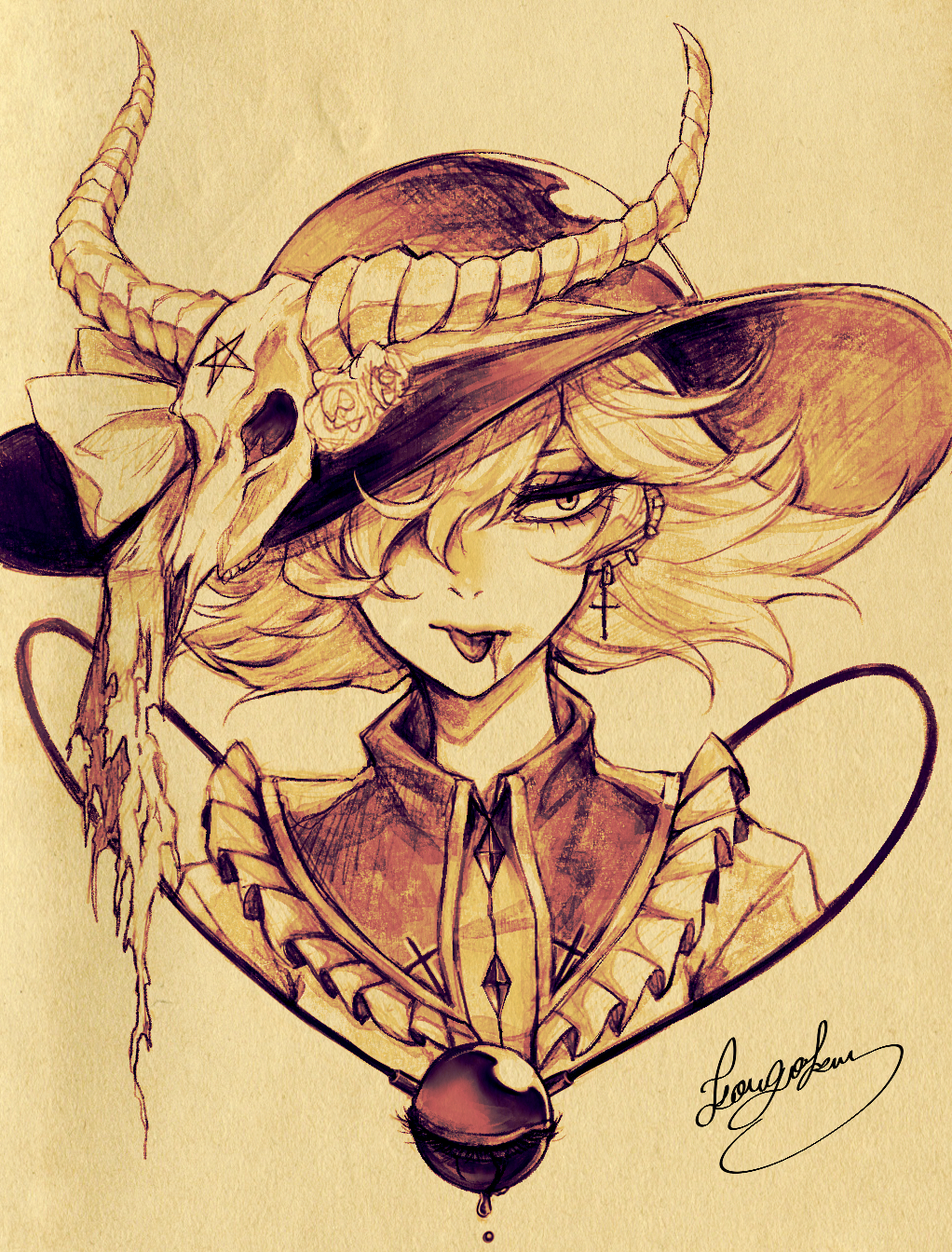 1girl :p hair_over_one_eye hat highres komeiji_koishi kyogoku-uru large_hat looking_at_viewer medium_hair monochrome portrait sepia solo third_eye tongue tongue_out touhou