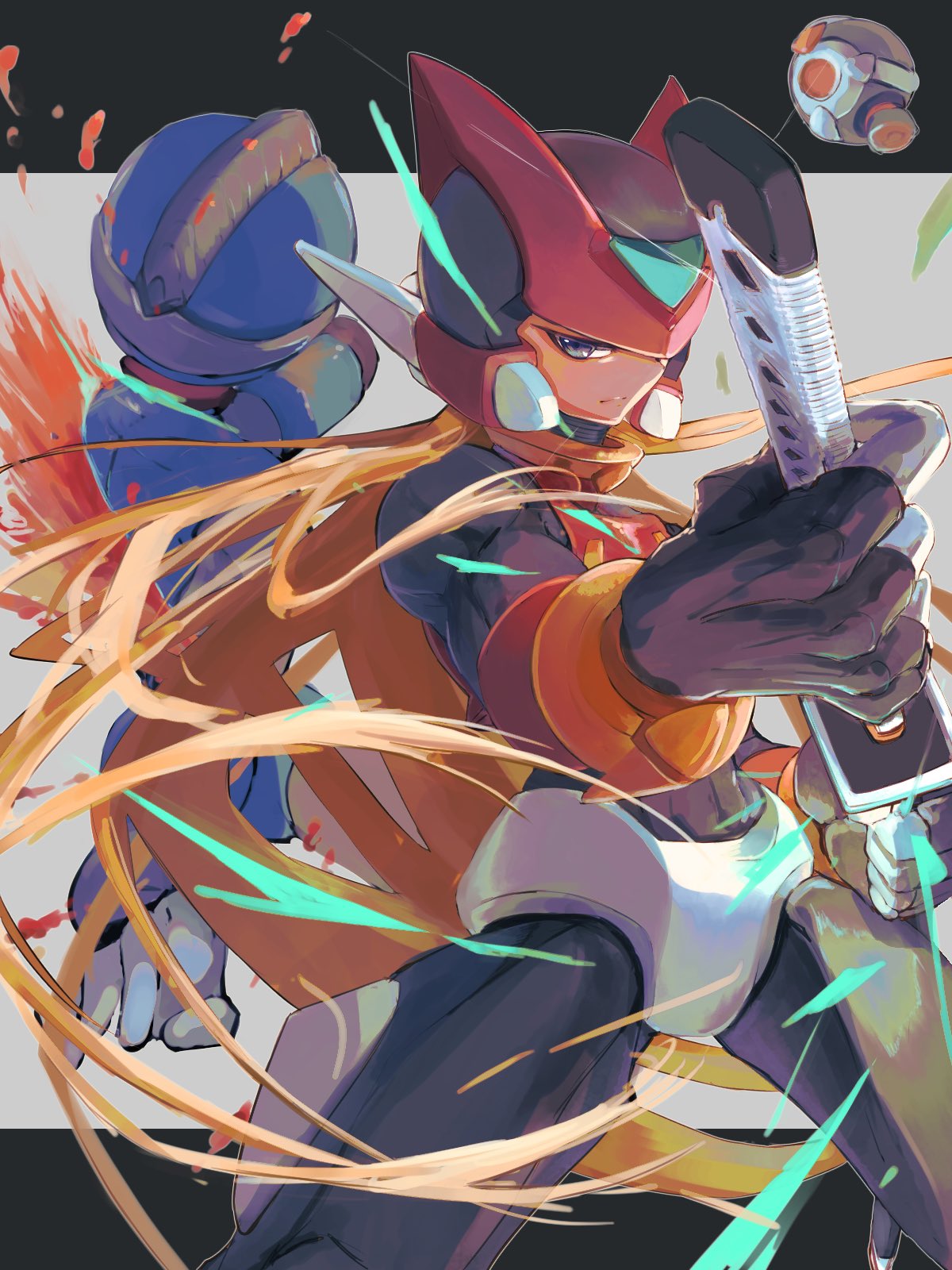 1boy armor black_bodysuit blonde_hair bodysuit crop_top dismemberment forehead_jewel grey_eyes helmet highres holding holding_sword holding_weapon iaidou long_hair mega_man_(series) mega_man_zero_(series) omochi_(mochi_skymega) pantheon_(mega_man) simple_background sword weapon zero(z)_(mega_man)