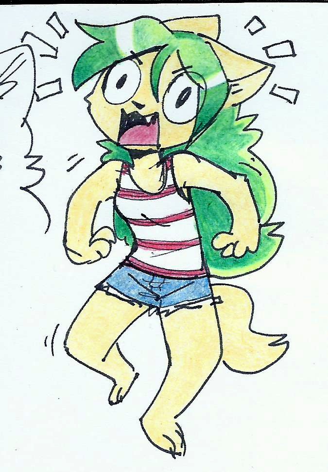 2024 anthro barefoot biped bottomwear canid canine clothed clothing cute_fangs cutoffs denim denim_bottomwear denim_clothing feet female fox fuel_(artist) fur green_hair hair long_hair mammal pattern_clothing pattern_shirt pattern_tank_top pattern_topwear pepper_(fuel) shirt shorts simple_background solo standing striped_clothing striped_shirt striped_tank_top striped_topwear stripes tank_top topwear white_background yelling yellow_body yellow_fur