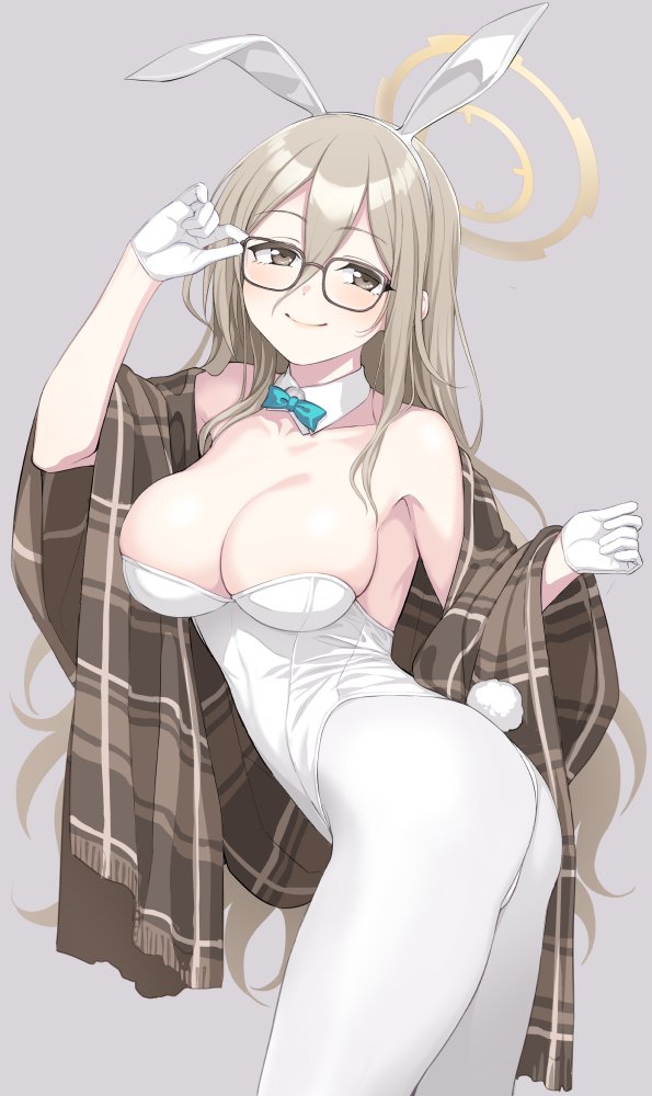 1girl akane_(blue_archive) akane_(bunny)_(blue_archive) animal_ears blue_archive bow bowtie breasts brown_eyes brown_shawl cleavage detached_collar fake_animal_ears fake_tail glasses gloves hair_between_eyes halo kumadano large_breasts leotard light_brown_hair long_hair looking_at_viewer pantyhose playboy_bunny rabbit_ears rabbit_girl rabbit_tail shawl simple_background smile solo strapless strapless_leotard tail very_long_hair white_gloves white_leotard white_pantyhose