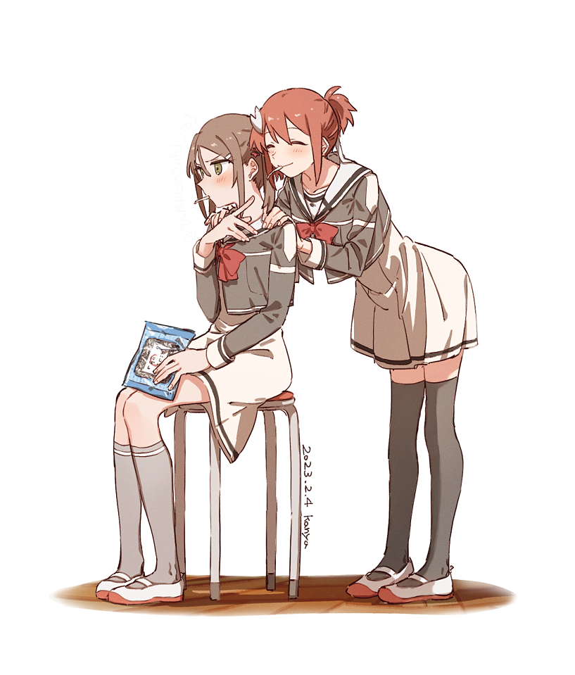 2girls blush bow bowtie brown_eyes brown_hair closed_eyes collarbone dated dress food_in_mouth grey_socks grey_thighhighs hands_on_another's_shoulders kanya_(asa_yake01) kneehighs long_sleeves miyoshi_karin multiple_girls red_bow red_bowtie red_headwear sanshuu_middle_school_uniform school_uniform sidelocks sitting sleeve_cuffs socks thighhighs v-shaped_eyebrows white_background white_dress white_footwear winter_uniform yuuki_yuuna yuuki_yuuna_wa_yuusha_de_aru yuusha_de_aru
