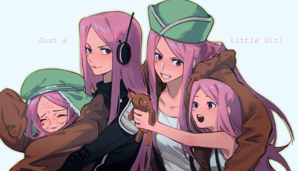 4girls brown_jacket cheek_piercing child closed_mouth commentary green_headwear grin hat headphones holding holding_stuffed_toy jacket jewelry_bonney lipstick long_hair long_sleeves makeup multiple_girls multiple_persona old old_woman one_piece open_clothes open_jacket open_mouth parted_lips pink_hair radio_antenna red_lips shirt sidelocks simple_background smile stuffed_animal stuffed_toy suspenders symbol-only_commentary teddy_bear towne white_shirt wrinkled_skin