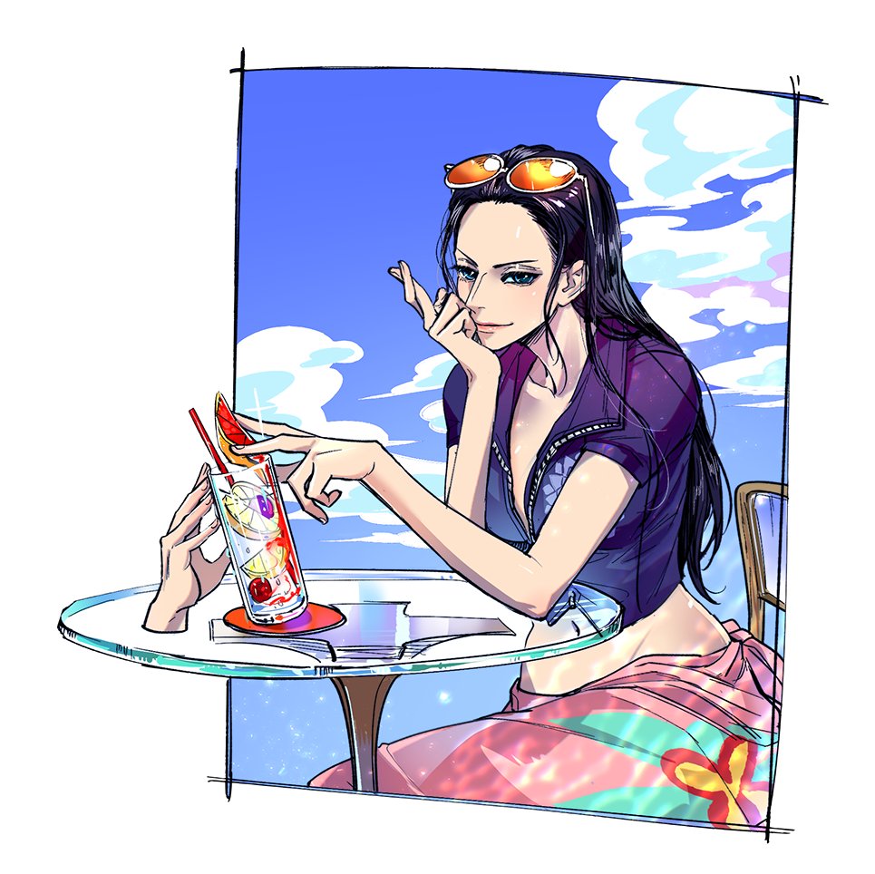 1girl black_hair blue_eyes blue_jacket border cloud commentary_request crossed_fingers drinking_straw eg_(eastg111) elbow_on_table extra_hands eyewear_on_head glass jacket korean_commentary long_hair looking_at_viewer nico_robin on_chair one_piece pink_sarong sidelocks sitting sky smile solo table white_border