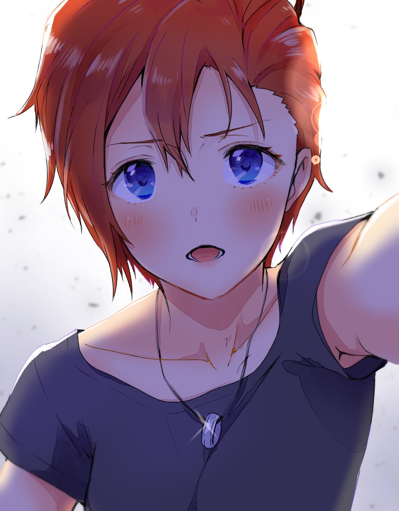 1girl black_shirt black_sleeves blue_eyes blush collarbone eyelashes furrowed_brow gleam gradient_background hair_ornament hairpin highres idolmaster idolmaster_million_live! jewelry julia_(idolmaster) looking_at_viewer lower_teeth_only necklace open_mouth outstretched_arm pov red_hair ring ring_necklace shirt short_hair short_sleeves simple_background solo straight-on t-shirt teeth upper_body white_background witoi_(roa)