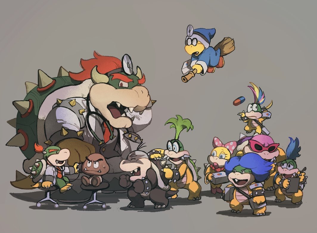 1girl 6+boys ^_^ armband armlet bangle blue_hair blue_headwear blue_robe bow bowser bowser_jr. box bracelet broom broom_riding claws clenched_hands closed_eyes closed_mouth coat commentary dr._bowser dr._bowser_jr. dr._mario_(game) dr._mario_world english_commentary eyelashes fangs fangs_out glasses goomba green_hair grey_background grey_footwear grey_vest hat head_mirror holding holding_box horns iggy_koopa jewelry kamek koopalings lab_coat larry_koopa lemmy_koopa lips long_sleeves looking_at_another looking_to_the_side ludwig_von_koopa mario_(series) multiple_boys necktie opaque_glasses open_clothes open_coat open_mouth pants pill pink-framed_eyewear pink_bow pink_lips polka_dot polka_dot_bow raised_eyebrows red_eyes red_footwear red_hair red_necktie rinabee_(rinabele0120) robe round_eyewear roy_koopa sharp_teeth shoes simple_background sitting smile spiked_armlet spiked_bracelet spiked_shell spikes standing stethoscope sunglasses sweatdrop teeth thick_lips turtle_shell v-shaped_eyebrows vest wendy_o._koopa white_armband white_coat white_footwear white_pants