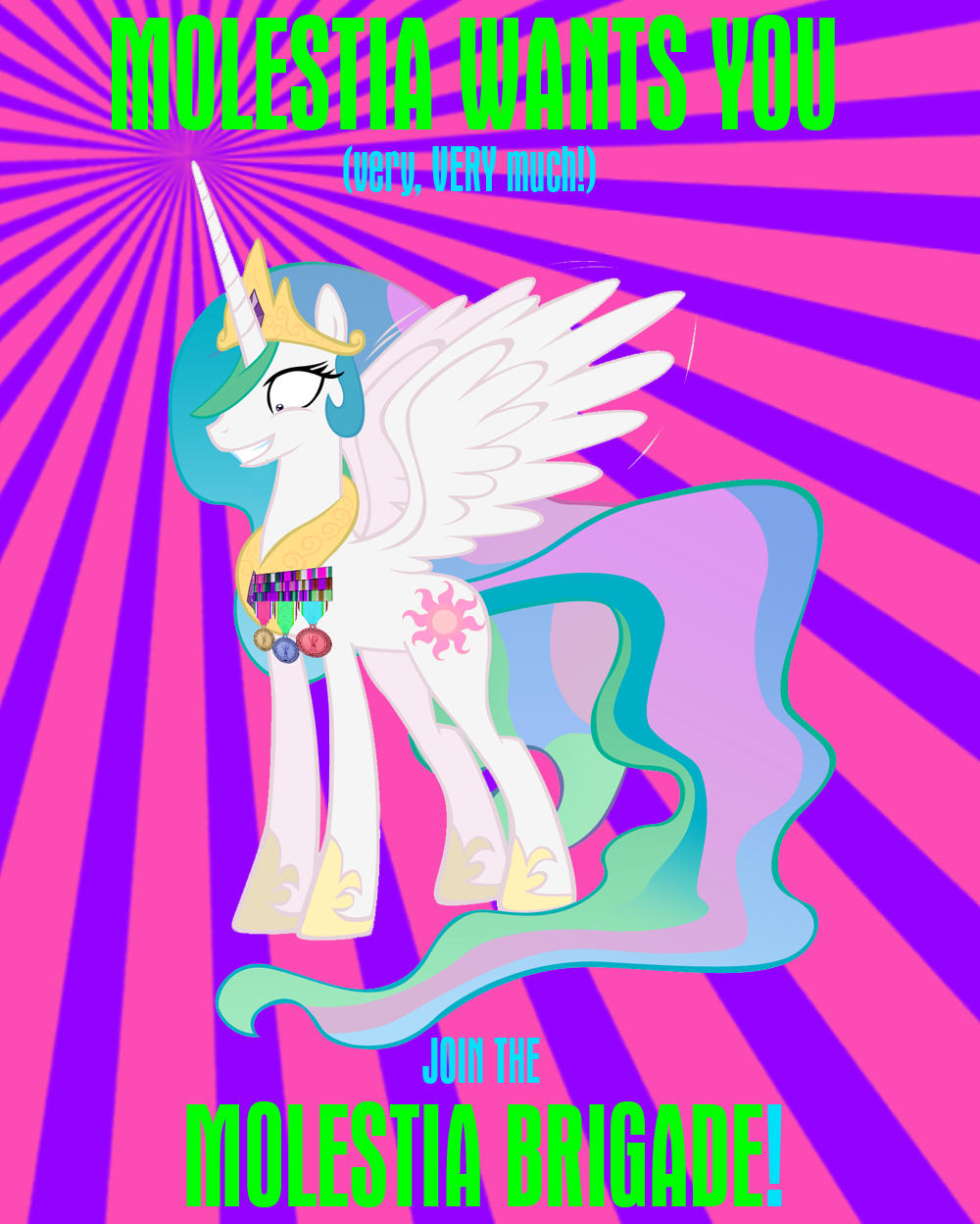 alicorn cutie_mark equine female feral friendship_is_magic green_hair hair hasbro horn horse i_want_you leer mammal medal medals molestia multi-colored_hair my_little_pony pink_hair poster princess princess_celestia_(mlp) propaganda purple_hair royalty solo succubus unknown_artist white_body wing_boner winged_unicorn wings wouldn't_buy_a_used_car_from
