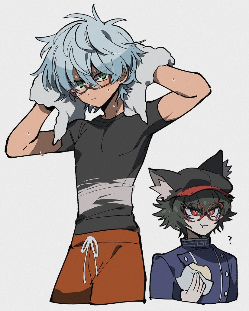 2boys ? animal_hat arms_up baozi black_headwear black_shirt blue_jacket cabbie_hat character_request closed_mouth cropped_legs cropped_torso drying eating food glasses green_hair grey_background grey_hair hair_between_eyes hat holding holding_food holding_towel inazuma_eleven_(series) jacket looking_at_viewer male_focus master_detective_archives:_rain_code multiple_boys orange_shorts pectorals red-framed_eyewear red_eyes round_eyewear sameyama_jiro shirt short_hair short_sleeves shorts simple_background standing sweat towel upper_body zilch_alexander