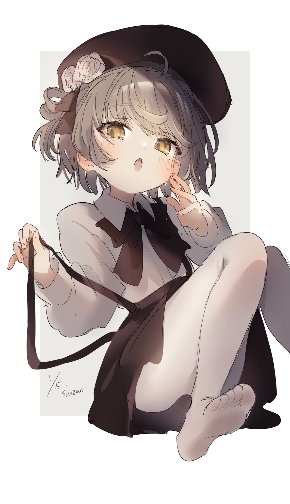 1girl ahoge beret black_headwear black_ribbon black_skirt blush brown_eyes brown_hair collared_shirt dated eyelashes feet feet_out_of_frame fingernails flower grey_background grey_hair hair_rings half-closed_eyes hands_up hat hat_flower hat_ribbon hatoba_tsugu head_tilt highres holding_strap knees_together_feet_apart leaning_back long_sleeves looking_to_the_side medium_bangs medium_hair mole mole_under_eye neck_ribbon no_shoes open_mouth outside_border pantyhose puffy_long_sleeves puffy_sleeves raised_eyebrows ribbon sha2mo shadow shirt shirt_tucked_in sidelocks signature simple_background sitting skirt solo strap_slip suspender_skirt suspenders suspenders_slip swept_bangs tsugu_(vtuber) upskirt virtual_youtuber white_background white_flower white_pantyhose white_shirt