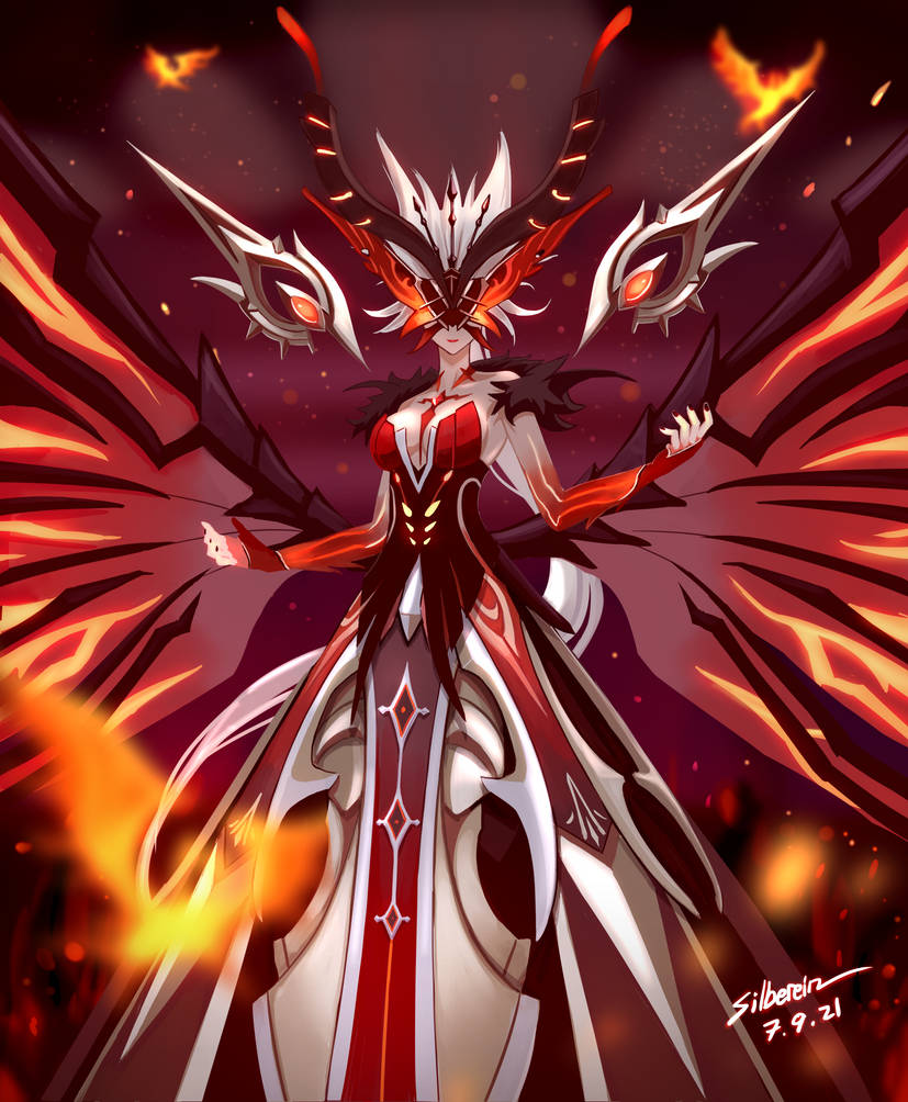 1girl artist_name bare_shoulders black_nails blonde_hair breasts bug butterfly_wings cleavage clip_studio_paint_(medium) collarbone covered_eyes crimson_lotus_moth_(genshin_impact) dress english_commentary fire genshin_impact insect_wings long_hair mask nail_polish ponytail red_dress signora_(crimson_witch_of_embers)_(genshin_impact) signora_(genshin_impact) silberein solo very_long_hair wacom wings