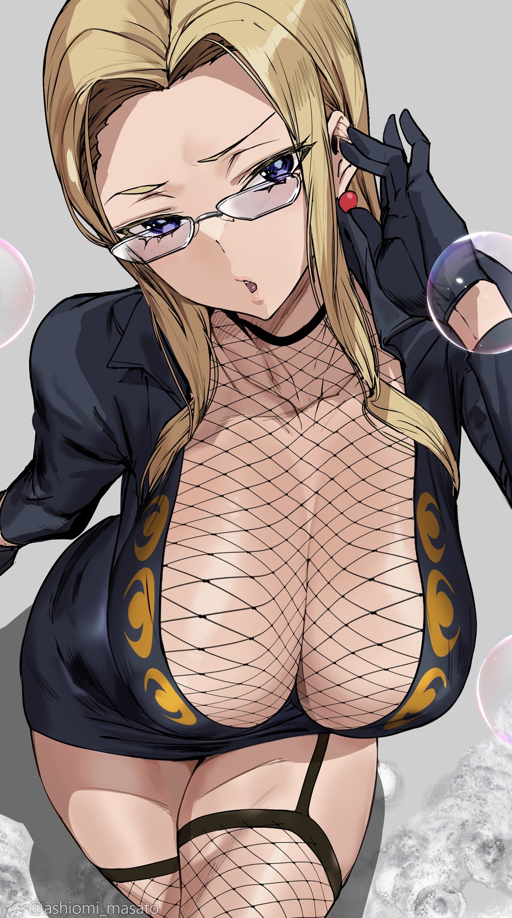 1girl ashiomi_masato black_dress black_gloves blonde_hair breasts bubble cleavage collarbone dress earrings fishnet_thighhighs fishnet_top fishnets garter_straps glasses gloves grey_background hair_over_shoulder highres jewelry kalifa_(one_piece) large_breasts long_hair looking_at_viewer one_piece parted_bangs parted_lips purple_eyes short_dress soap_bubbles solo thighhighs thighs twitter_username