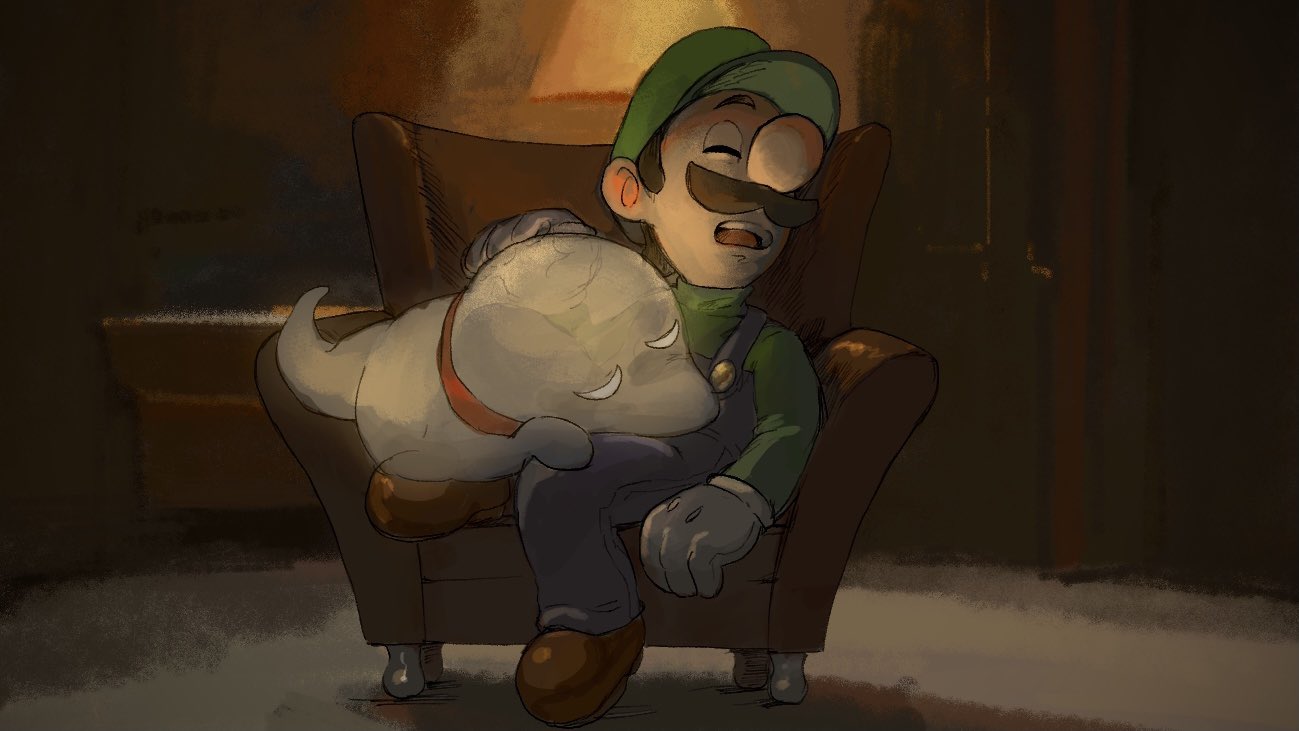 1boy armchair blue_overalls blue_pants blurry blurry_background brown_footwear brown_hair chair closed_eyes commentary_request dog facial_hair ghost gloves green_headwear green_shirt hand_up hat indoors lamp long_sleeves luigi luigi's_mansion mario_(series) mustache open_mouth overalls pants polterpup rinabee_(rinabele0120) shirt shoes short_hair sitting sleeping sleeping_upright teeth u_u upper_teeth_only white_gloves