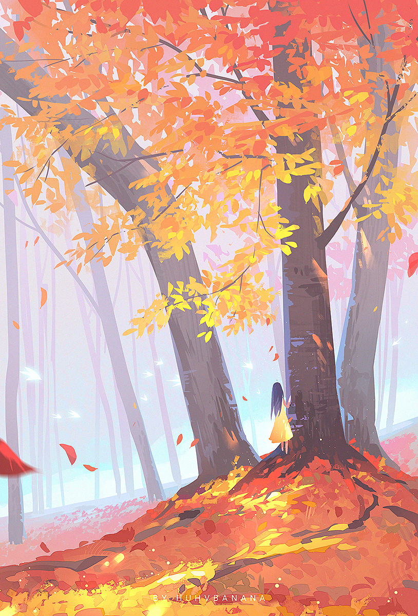 1girl artist_name atmospheric_perspective autumn autumn_leaves black_hair commentary_request day dress falling_leaves forest highres huhv. leaf long_hair nature orange_theme original outdoors plant scenery solo standing tree wide_shot yellow_dress