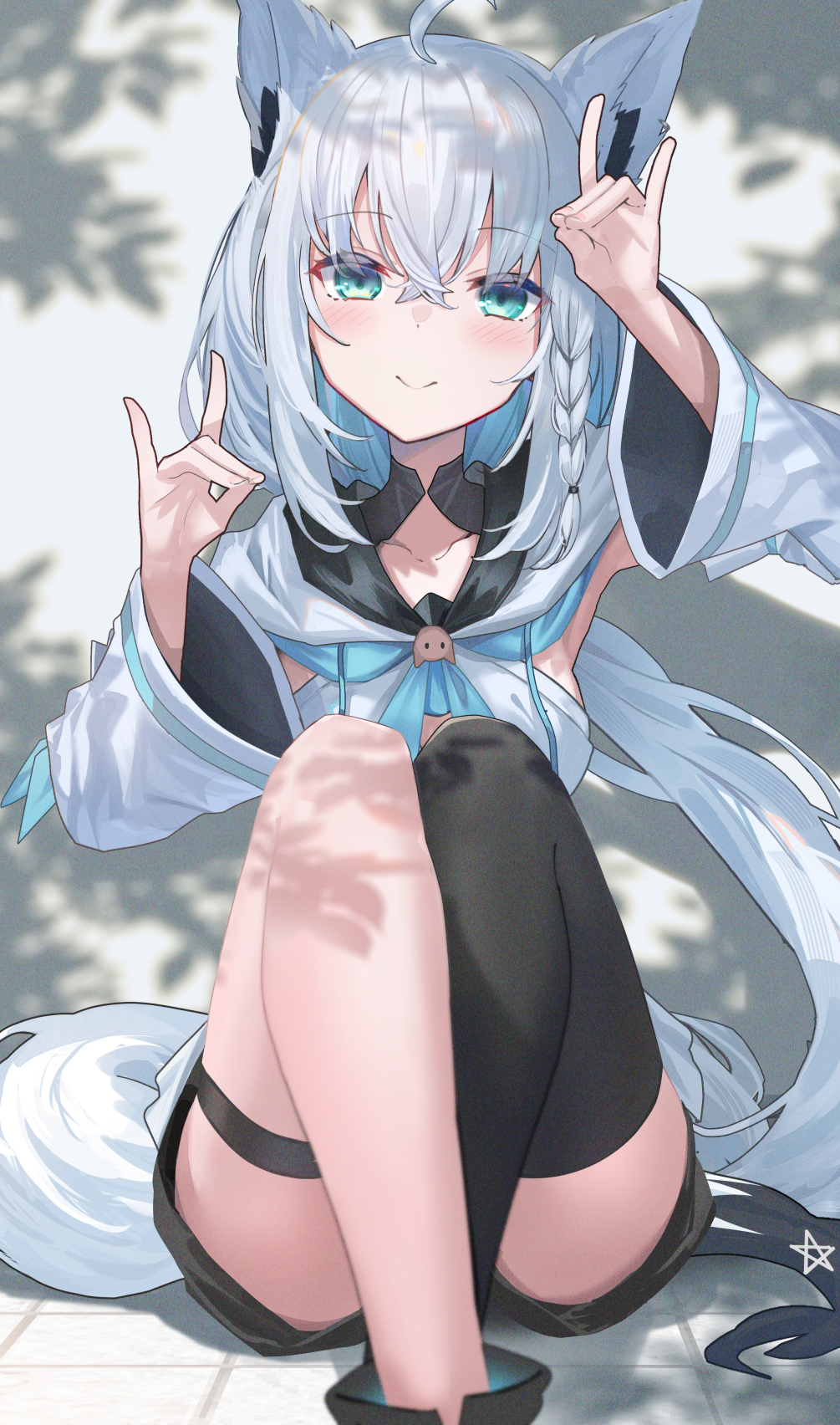 1girl ahoge animal_ears aqua_eyes arm_up blush braid commentary_request feet_out_of_frame fox_ears fox_shadow_puppet fox_tail highres hololive hopepe knees_up legs long_hair looking_at_viewer partial_commentary shirakami_fubuki shorts single_braid single_thighhigh sitting smile solo tail thighhighs virtual_youtuber white_hair