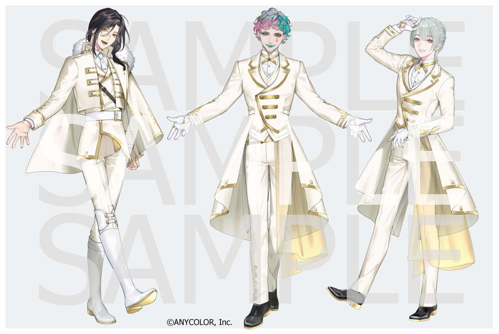 3boys 3girls aqua_eyes aqua_hair aqua_lips belt black_footwear black_hair boots cape formal fur-trimmed_cape fur_trim genzuki_toujirou gloves gold_trim grey_hair ishizue_kachiru joe_rikiichi male_focus monocle multicolored_hair multiple_boys multiple_girls nijisanji official_art open_mouth pants pink_hair red_eyes sample_watermark shellin_burgundy smile streaked_hair teardrop_facial_mark virtual_youtuber watermark white_belt white_footwear white_gloves white_pants yellow_cape yellow_eyes