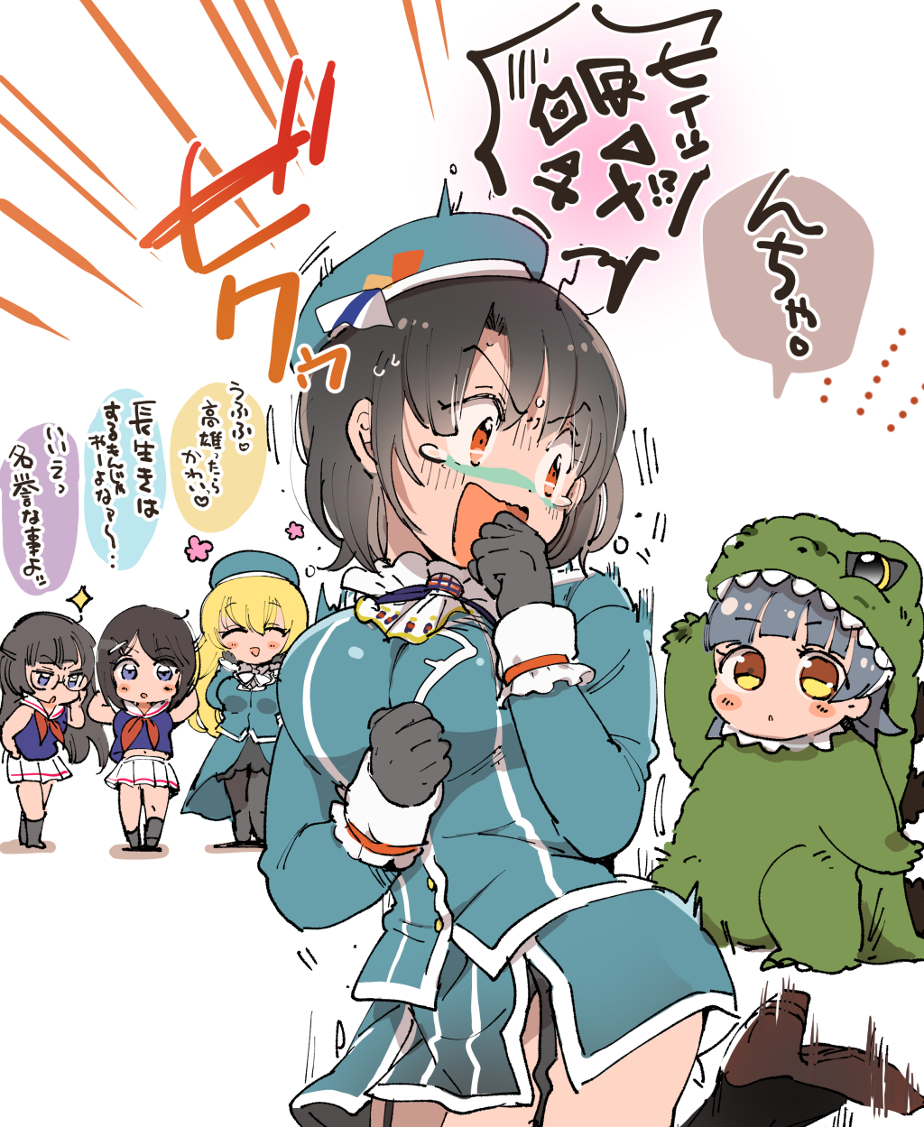 5girls arare_(kancolle) atago_(kancolle) beret black_gloves black_hair blonde_hair blush breasts choukai_(kancolle) closed_eyes cosplay fujii_rino garter_straps glasses gloves godzilla godzilla_(cosplay) godzilla_(series) grey_hair hat highres kantai_collection large_breasts long_hair maya_(kancolle) military military_uniform multiple_girls open_mouth pleated_skirt red_eyes scared short_hair simple_background skirt takao_(kancolle) tears translation_request uniform white_background white_skirt