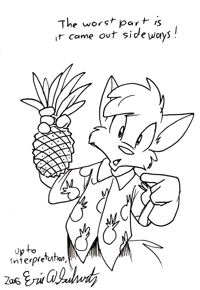 2006 4_fingers aloha_shirt anthro canid canine clothing dialogue english_text eric_schwartz fingers food fox fruit gesture half-length_portrait holding_object male mammal monochrome pattern_clothing pattern_shirt pattern_topwear pen_(artwork) pineapple plant pointing portrait shirt signature solo talking_to_viewer text topwear traditional_media_(artwork)