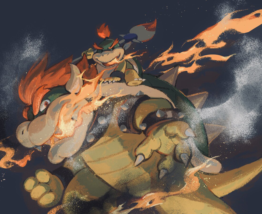 2boys armlet bandana bowser bowser_jr. bracelet breathing_fire claws collar commentary_request father_and_son fire grey_background holding holding_paintbrush horns jewelry looking_at_viewer male_focus mario_(series) multiple_boys open_mouth paintbrush red_eyes red_hair rinabee_(rinabele0120) sharp_teeth simple_background smile smoke spiked_armlet spiked_bracelet spiked_collar spiked_shell spikes standing teeth topknot turtle_shell v-shaped_eyebrows white_bandana