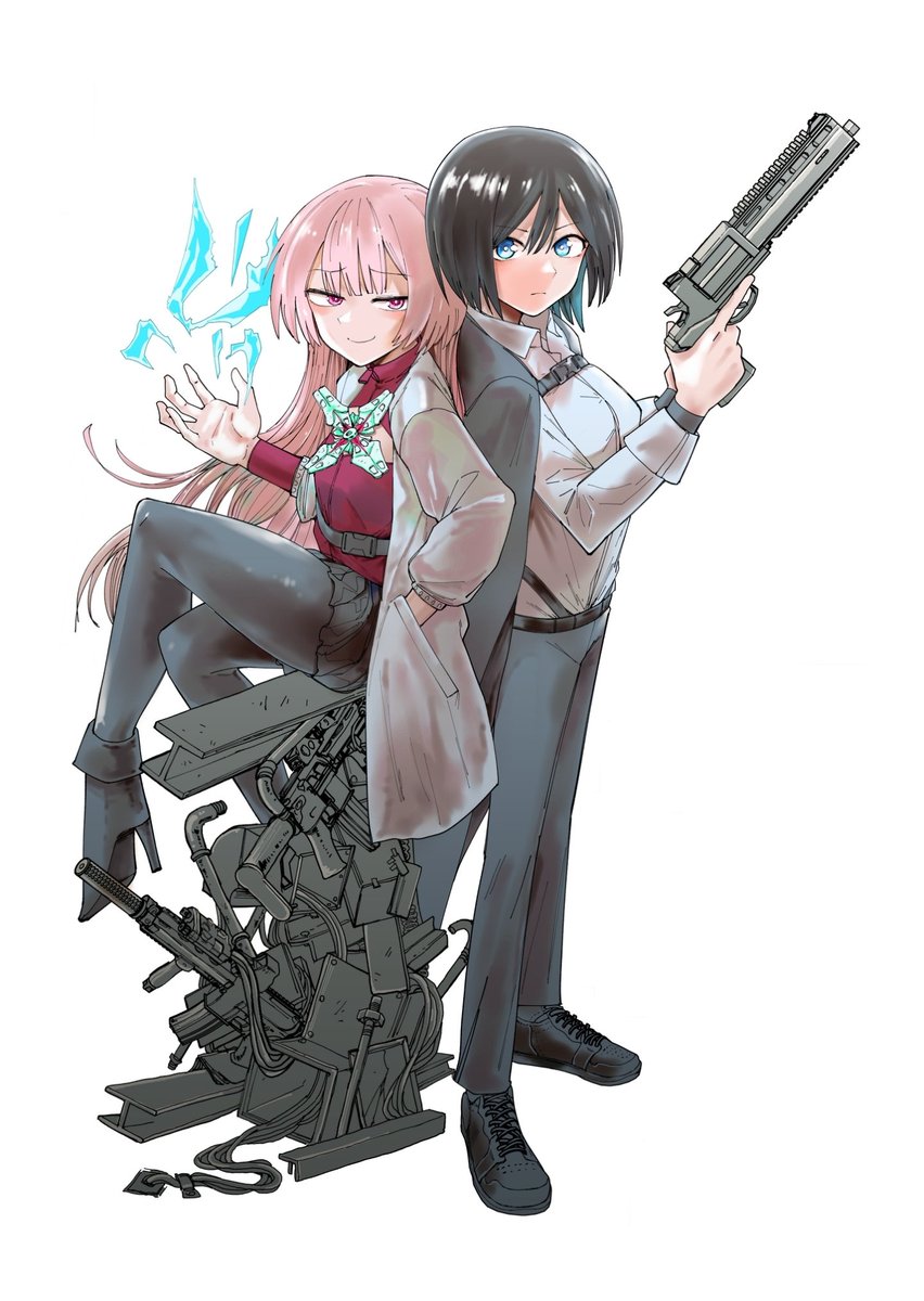 2girls assault_rifle back-to-back black_hair boots copyright_request crossed_legs double_helix_blossom gun handgun high_heel_boots high_heels highres holding holding_gun holding_weapon laser_sight lead_pipe magic multiple_girls official_art pantyhose pink_hair revolver rifle shinonome_kiku shoes tsukisagari_kyo weapon white_background