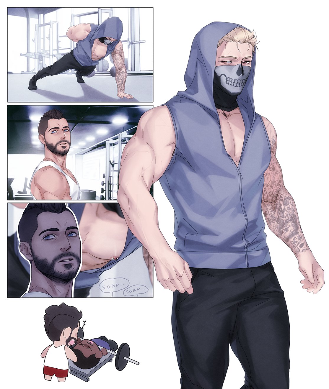 3boys arm_tattoo bara barbell bench_press black_hair black_pants blonde_hair call_of_duty call_of_duty:_modern_warfare_2 exercise facial_hair ghost_(modern_warfare_2) grey_hoodie gym highres holding holding_dumbbell hood hood_up hoodie large_pectorals looking_at_another male_focus mask mouth_mask multiple_boys muscular muscular_male nipple_piercing nipples pants pectorals piercing short_hair sleeveless sleeveless_hoodie soap_(modern_warfare_2) tank_top tattoo weightlifting white_tank_top yaoi zhyphenth