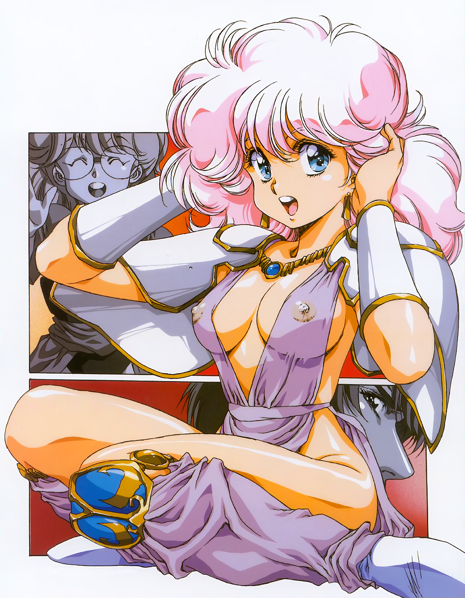 1980s_(style) armor breasts center_opening cleavage dress earrings highres jewelry looking_at_viewer nipples non-web_source official_art open_mouth paneled_background pink_hair rance rance_(series) retro_artstyle revealing_clothes round_eyewear see-through semi-rimless_eyewear shiny_skin shoulder_armor sill_plain sitting upper_body urushihara_satoshi