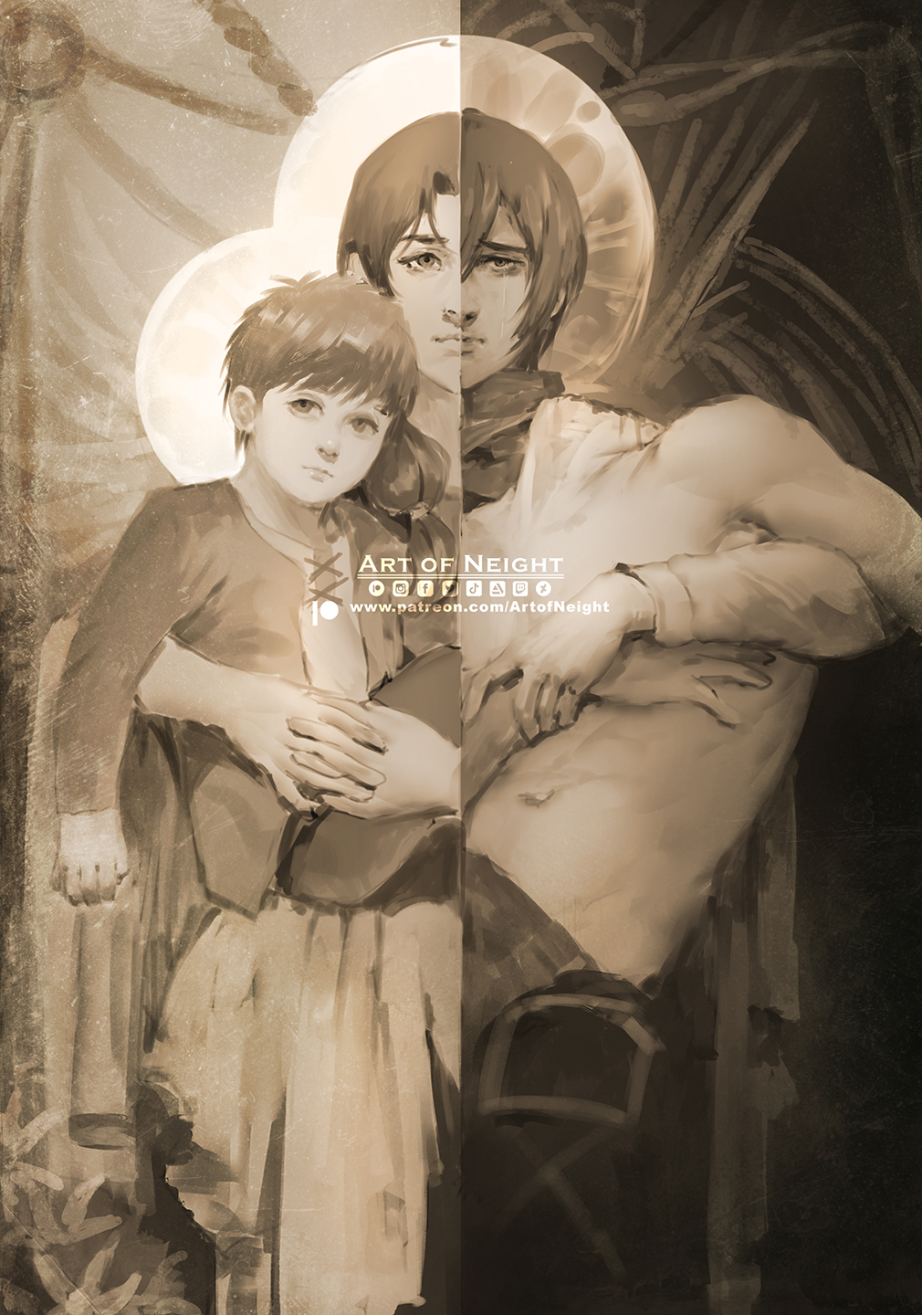 1boy 2girls age_comparison art_of_neight brown_theme carla_yeager carrying carrying_person contrast death decapitation eren_yeager full_moon headless highres looking_at_viewer mikasa_ackerman moon mother_and_son multiple_girls sad shingeki_no_kyojin split_theme spoilers sun symbolism
