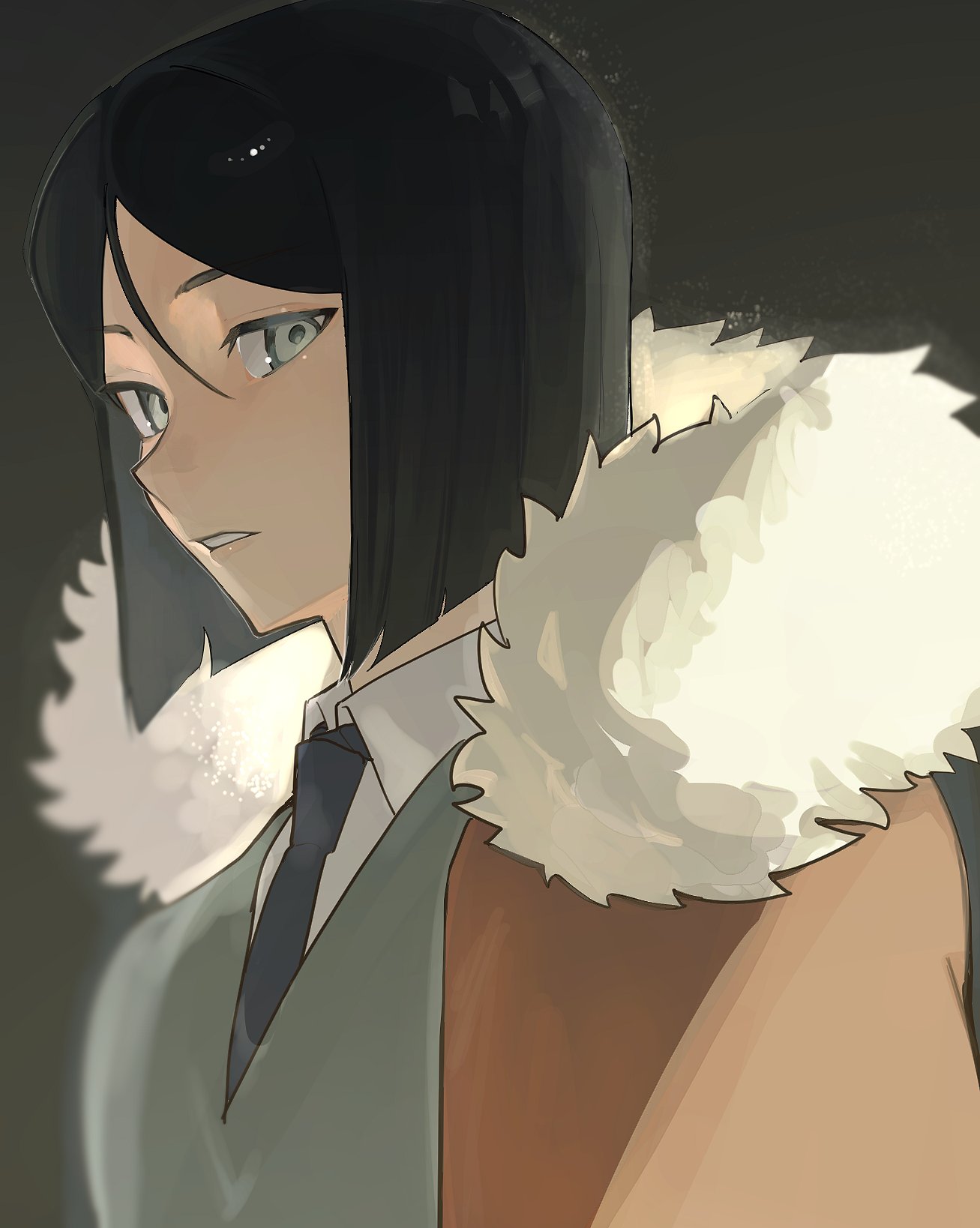 1boy black_hair black_necktie blurry brown_cape cape collared_shirt depth_of_field fate/zero fate_(series) fur-trimmed_cape fur_trim grey_background grey_eyes grey_sweater hair_between_eyes highres looking_at_viewer male_focus necktie parted_lips shirt short_hair solo sweater tokoni_fusu upper_body waver_velvet white_shirt