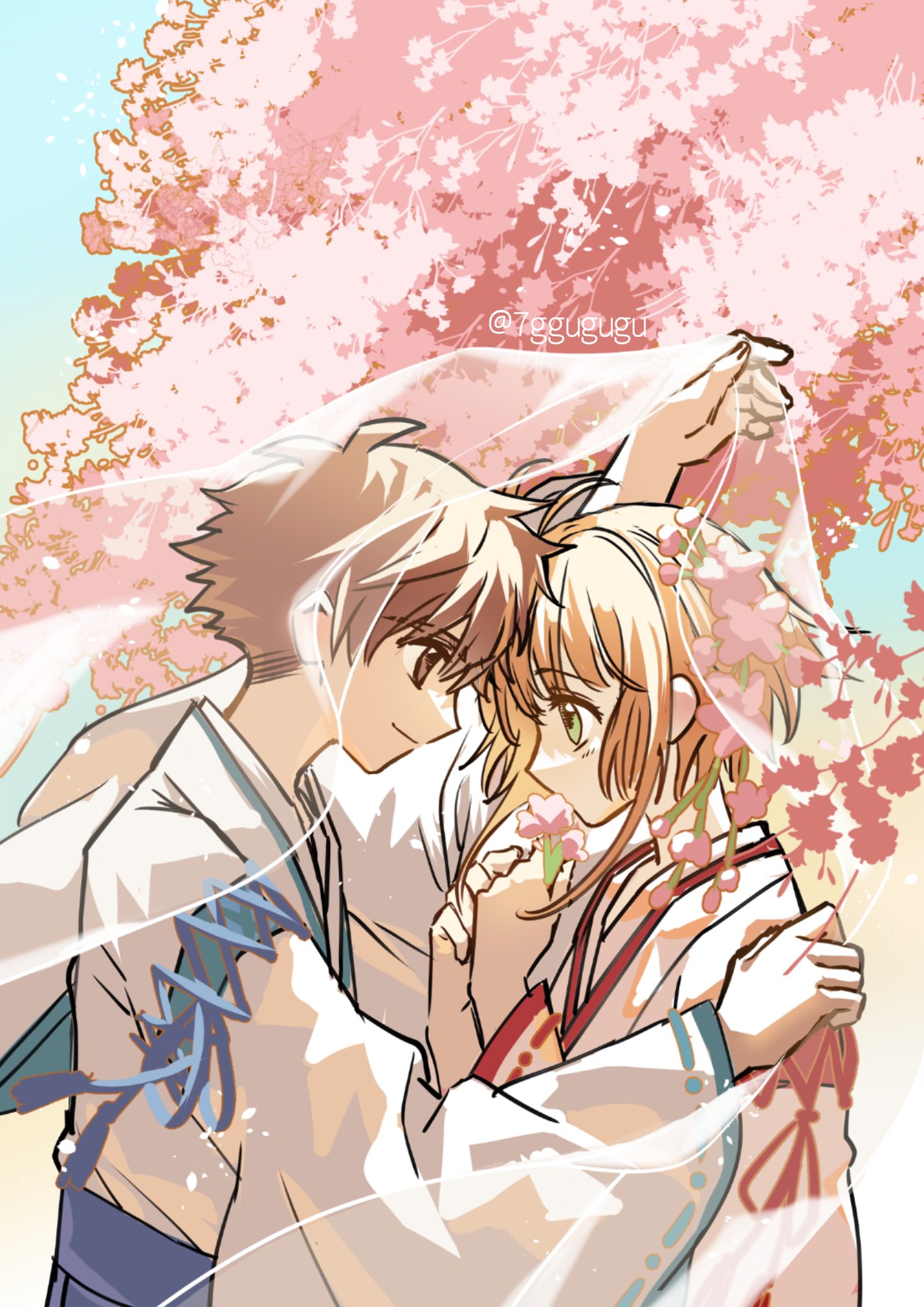 1boy 1girl brown_eyes brown_hair cardcaptor_sakura cherry_blossoms couple eye_contact flower green_eyes hand_on_another's_shoulder hetero highres holding holding_flower japanese_clothes kimono kinomoto_sakura li_syaoran looking_at_another qige short_hair smile tsubasa_chronicle upper_body veil