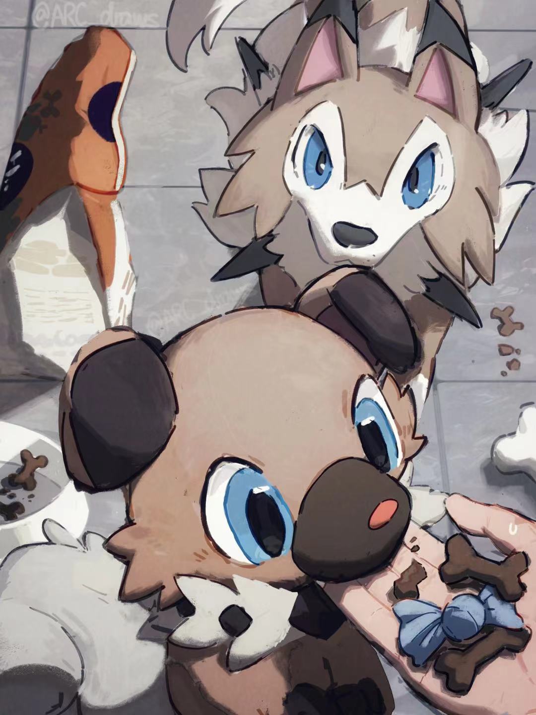 arc_draws bowl commentary dog english_commentary evolutionary_line highres looking_at_viewer lycanroc lycanroc_(midday) no_humans pet_bowl pet_food pokemon pokemon_(creature) pov pov_hands rare_candy rockruff tile_floor tiles twitter_username