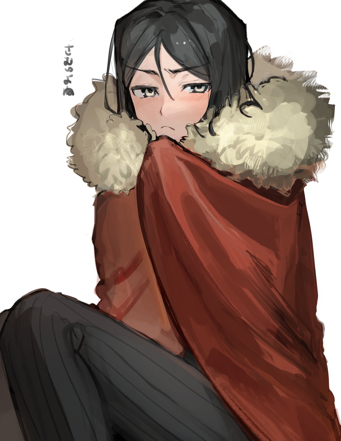 1boy black_hair black_pants cape closed_mouth fate/zero fate_(series) fur-trimmed_cape fur_trim grey_eyes highres looking_at_viewer male_focus pants red_cape short_hair sitting solo tokoni_fusu translation_request waver_velvet wrapped_up