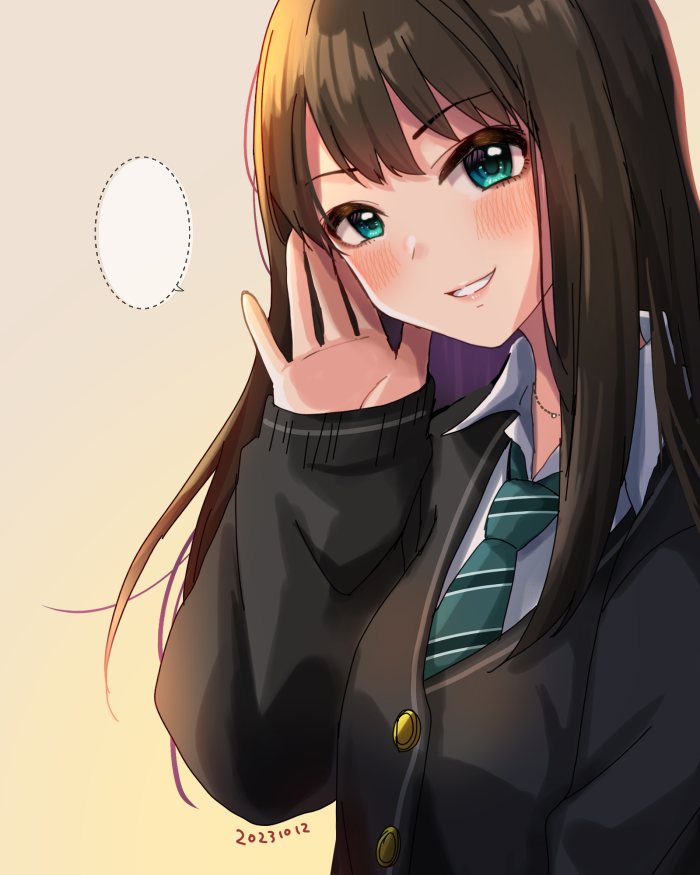 1girl ayaca blush cardigan dated green_eyes hand_up idolmaster idolmaster_cinderella_girls jewelry long_hair looking_at_viewer necklace necktie school_uniform shibuya_rin simple_background smile solo speech_bubble upper_body