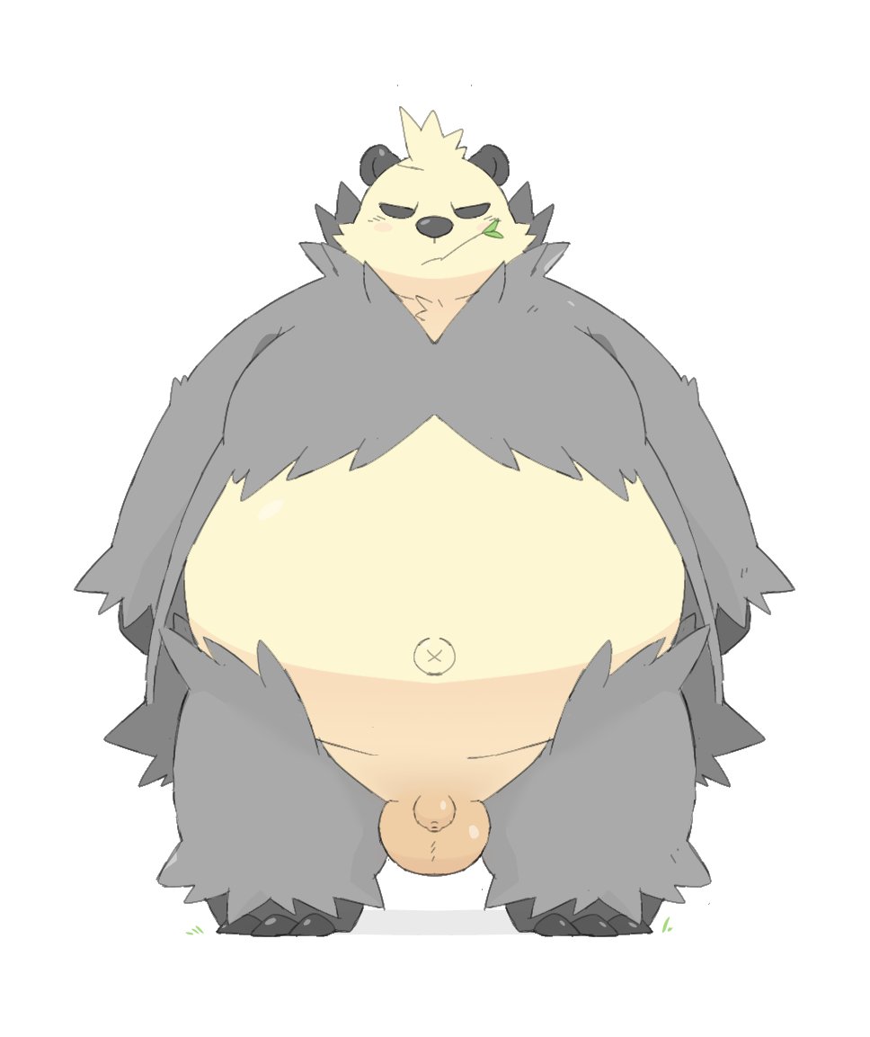 2024 anthro balls belly big_belly black_nose flaccid generation_6_pokemon genitals ginsingoo1 grey_body kemono male micropenis navel nintendo overweight overweight_male pangoro penis pokemon pokemon_(species) small_penis solo white_body