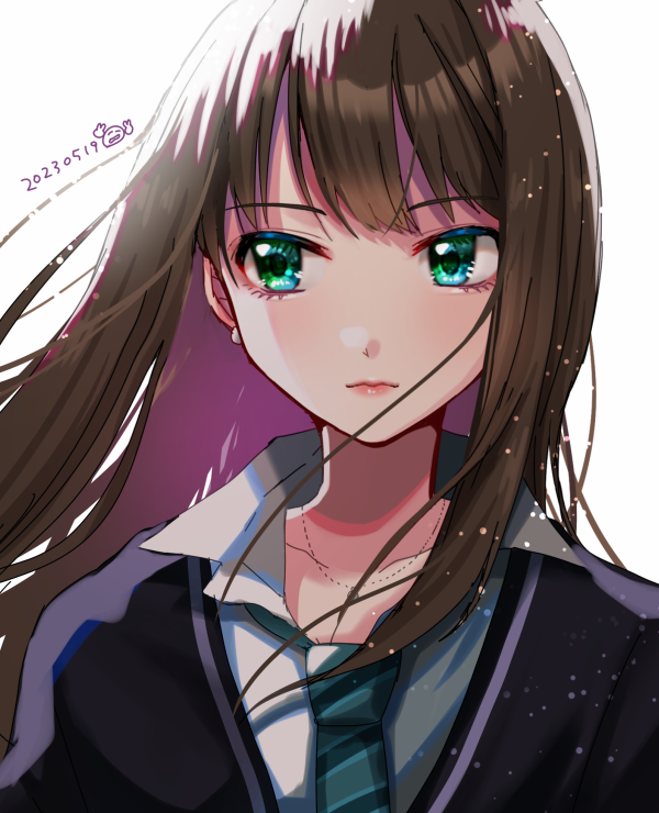 1girl ayaca black_hair cardigan dated earrings green_eyes idolmaster idolmaster_cinderella_girls jewelry long_hair looking_to_the_side necklace necktie school_uniform shibuya_rin simple_background solo upper_body white_background