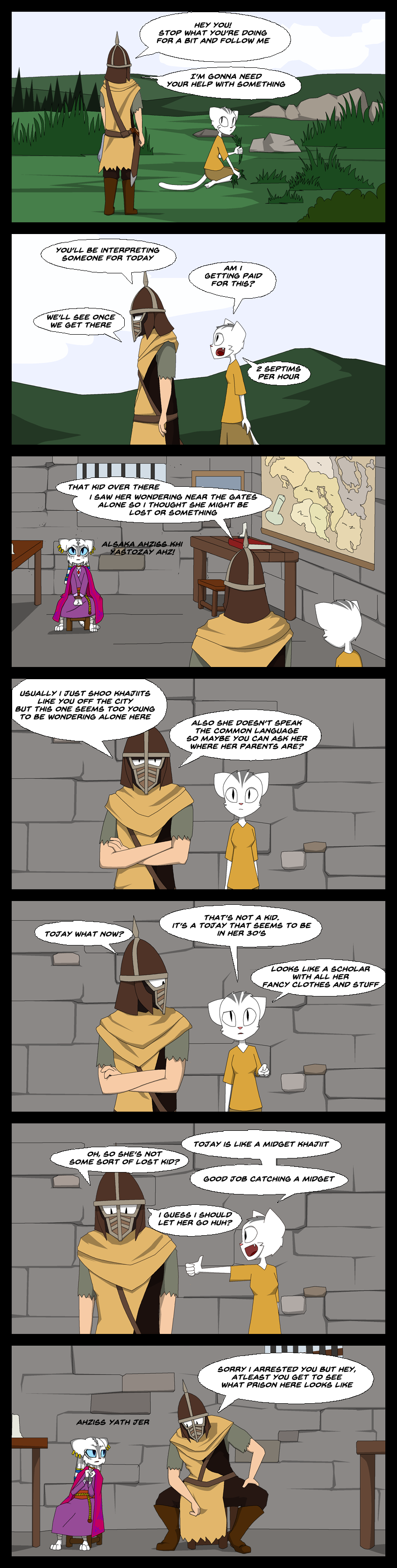 bound comic detailed_background dialogue feline humanoid humor khajiit kishna mammal nord prison skyrim text the_elder_scrolls tojay video_games vikozlav