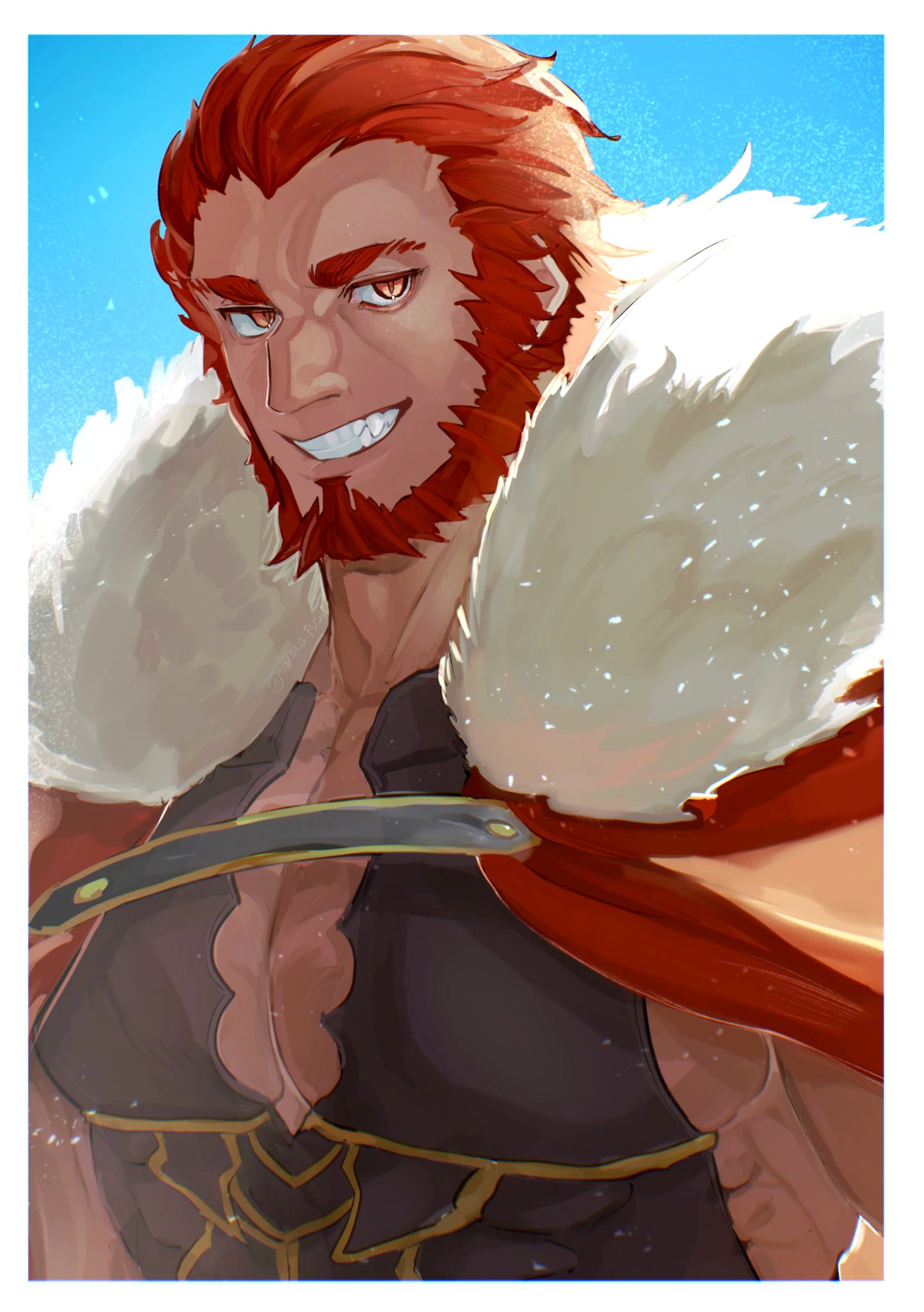 1boy aquiline_nose bara black_shirt border cape collarbone fate/zero fate_(series) fur-trimmed_cape fur_trim grin highres iskandar_(fate) light_particles long_sideburns looking_at_viewer male_focus muscular muscular_male orange_eyes pectoral_cleavage pectorals red_hair shirt short_hair sideburns sidepec slit_pupils smile solo teeth thick_eyebrows tokoni_fusu white_border