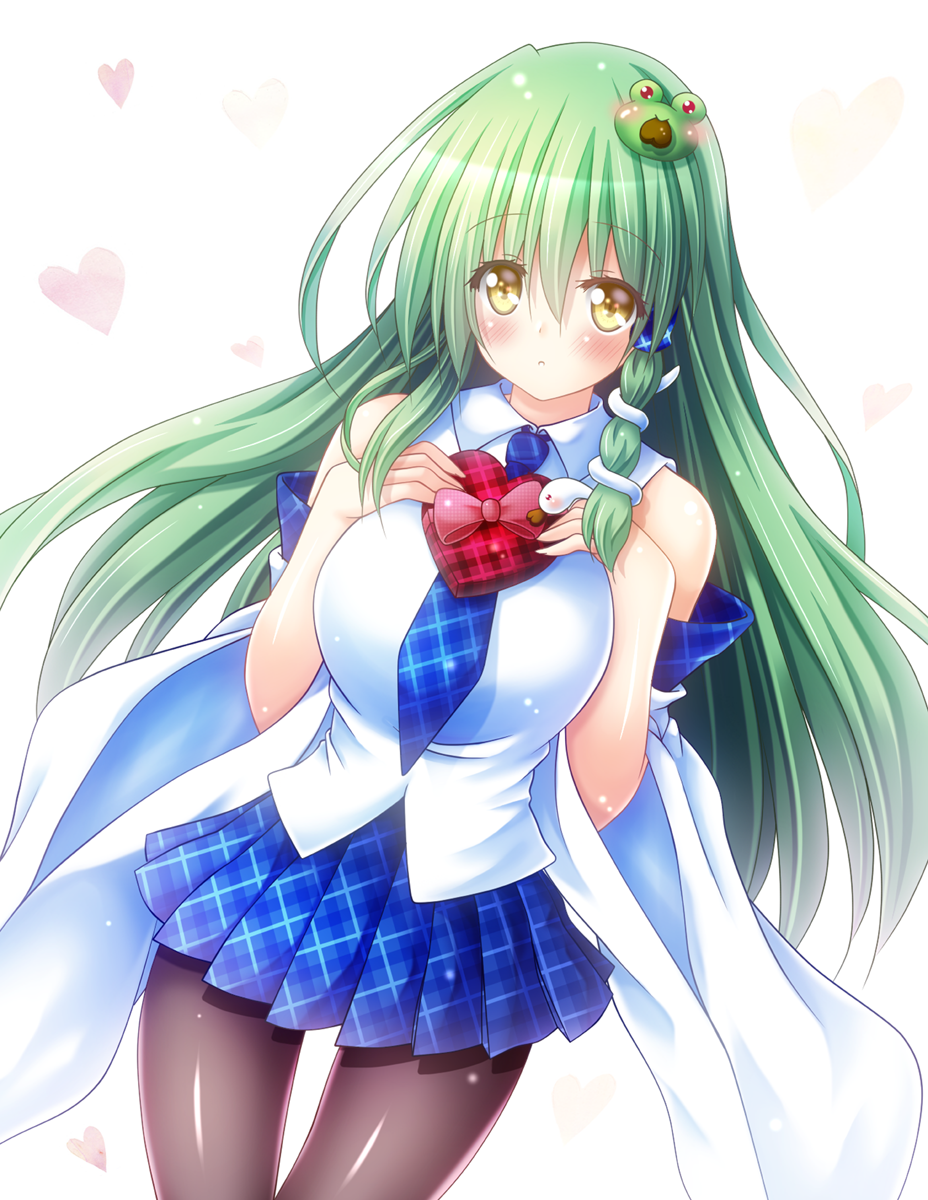 1girl blue_necktie blush box box_of_chocolates breasts brown_pantyhose candy chocolate detached_sleeves dutch_angle expressive_clothes food frog frog_hair_ornament gift gift_box green_hair hair_ornament hair_tubes happy_valentine heart heart-shaped_box heart-shaped_chocolate highres holding holding_gift kochiya_sanae large_breasts long_hair looking_at_viewer necktie osashin_(osada) pantyhose skirt smile snake snake_hair_ornament solo touhou valentine white_background yellow_eyes