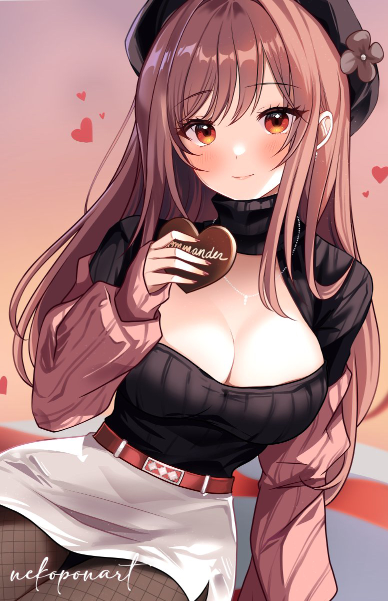 1girl alternate_costume artist_name black_headwear black_pantyhose black_sweater breasts brown_hair candy chocolate cleavage cleavage_cutout closed_mouth clothing_cutout fishnet_pantyhose fishnets food goddess_of_victory:_nikke gradient_background heart heart-shaped_chocolate highres holding holding_chocolate holding_food jewelry large_breasts long_hair long_sleeves looking_at_viewer miniskirt necklace nekoponart pantyhose puffy_long_sleeves puffy_sleeves rapi_(nikke) red_eyes ribbed_sweater simple_background sitting skirt smile solo sweater turtleneck turtleneck_sweater white_skirt